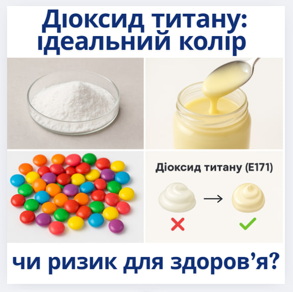 Інфографіка з написом "Діоксид титану: ідеальний колір чи ризик для здоров’я?" – харчові добавки, безпечність E171, харчова промисловість