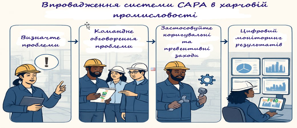 Етапи впровадження системи CAPA в харчовій промисловості: визначення проблем, командне обговорення, коригувальні та превентивні заходи, цифровий моніторинг результатів