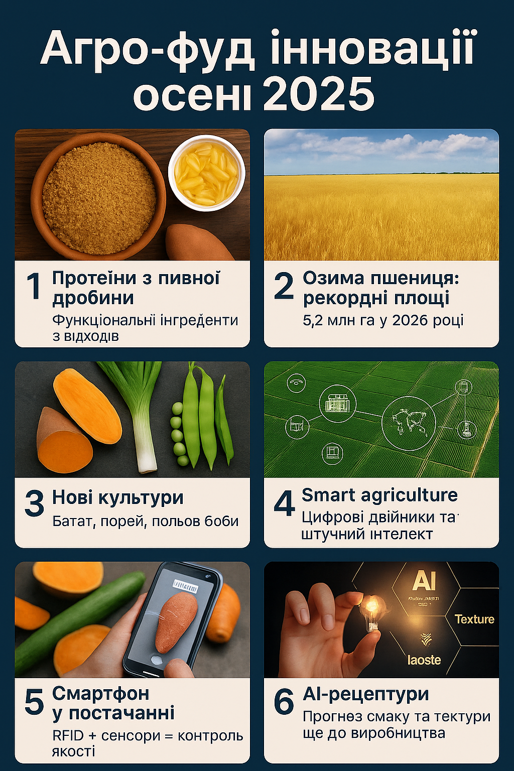Агро-фуд інновації осені 2025: протеїни з пивної дробини, рекордні площі озимої пшениці, нові культури, smart agriculture, цифрові рішення у постачанні та AI-рецептури.