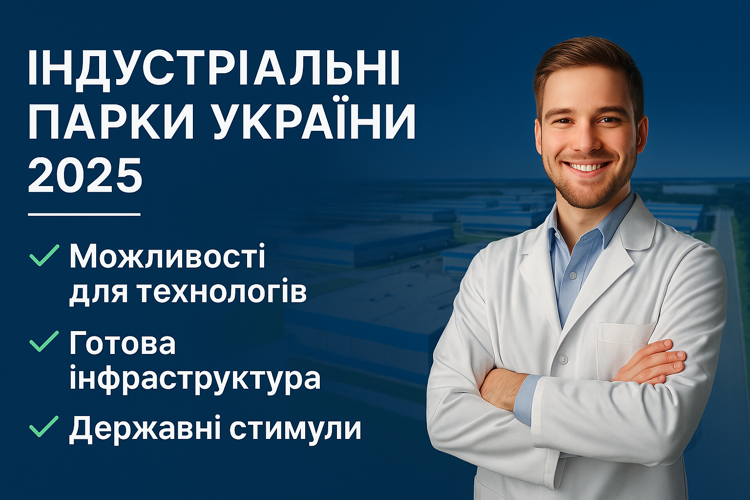 Інженер-технолог усміхається на тлі сучасного індустріального парку України 2025 року