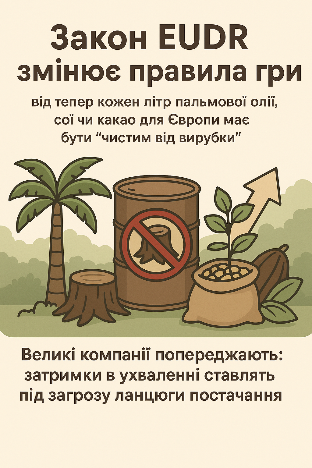 Інфографіка про закон EUDR, що забороняє імпорт продукції, пов’язаної з вирубкою лісів — пальмової олії, сої, какао