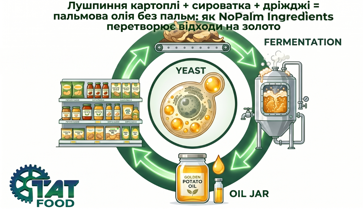 Інфографіка від TATFOOD: циклічний процес виробництва альтернативи пальмовій олії компанією NoPalm Ingredients. Показано переробку картопляного лушпиння та сироватки за допомогою дріжджів у ферментаторі для отримання екологічної харчової олії.