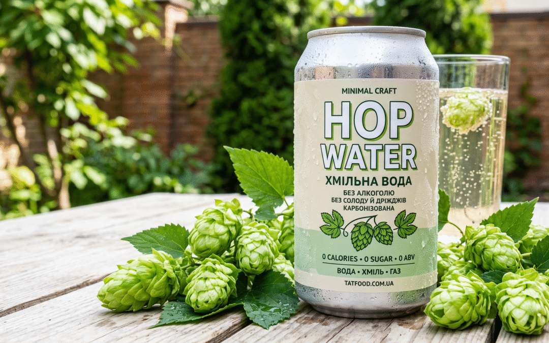 Банка українського hop water на тлі шишок автохтонного сорту хмелю