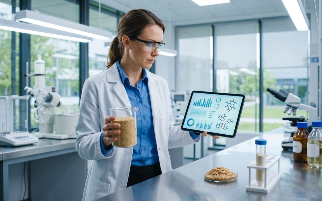 Технолог у лабораторії FoodTech R&D тримає колбу з амарантом і планшет із графіками.